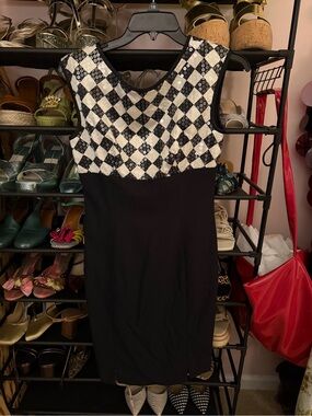 A.J. Bari Black Dress with Black-and-White Check Bodice